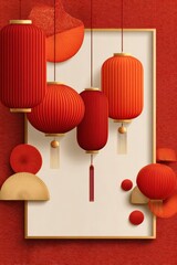 Fototapeta premium Chinese New Year red lanterns and gold-accented festive background for celebration greeting
