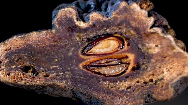 Internal Anatomy of Dehydrated Pear (Pyrus communis) Showing Seeds and Locules, Macro Zoom on Black Background