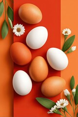 Fototapeta premium Easter eggs and white daisies on orange background for spring holiday decoration and celebration