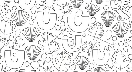 Seashell pattern illustration features various shells and seaweeds in a repeating design on a white background with oceanic elements. © Hussnain