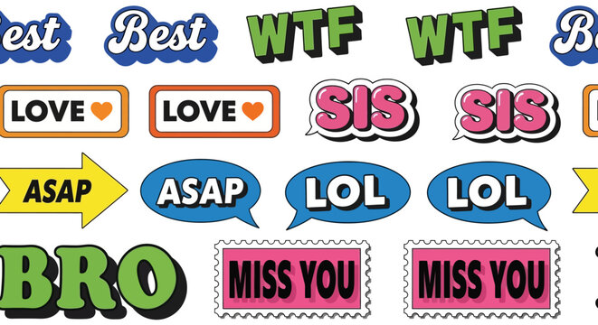 Colorful stickers with various phrases and symbols are scattered on a surface.