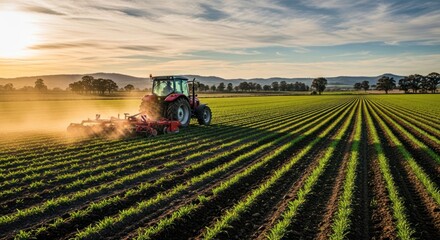 Obraz premium Tractor plowing field at sunset agriculture and rural landscape.