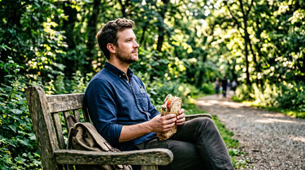 Obraz premium Quiet Quitting: Man Enjoying Solitude During Lunch Break in Nature