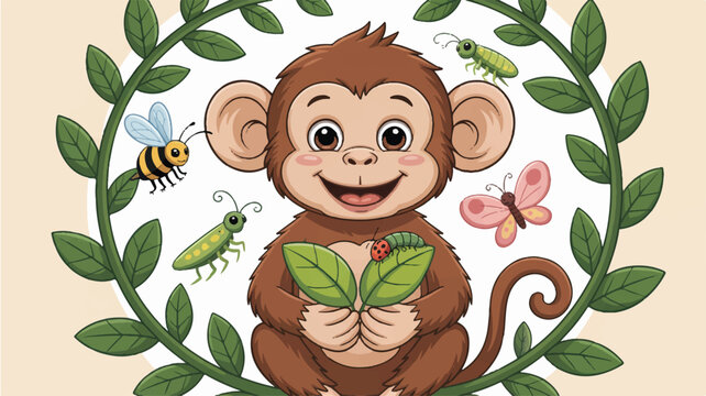 monkey holding leaf surrounded by insects and leaves