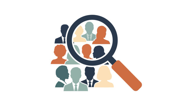 Magnifying glass over people icons.