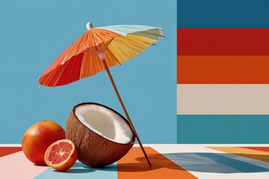 Open coconut with cocktail umbrella and grapefruit on colorful summer still life background