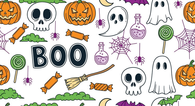 Halloween decorations include skulls, ghosts, pumpkins, candy and spooky symbols on display