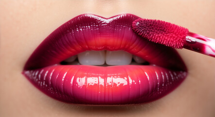 Obraz premium Macro of applying glossy gradient pink lip color with a wand. Spring and summer beauty seasonal makeup concept