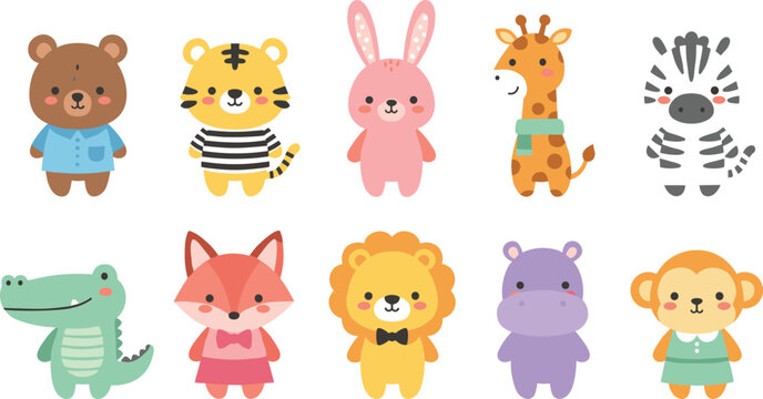 Cute animal character set with bear tiger bunny giraffe zebra crocodile fox lion hippo and monkey flat vector illustration isolated on white