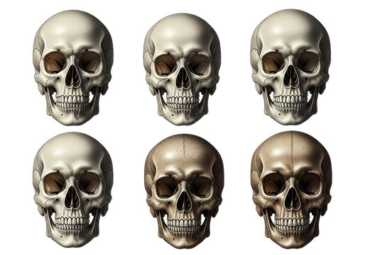 six hyper-realistic human craniums in an academic 3x2 grid layout, detailed pen and ink line work and sepia watercolor shading on a sterile white background, dramatically lit medical illustration