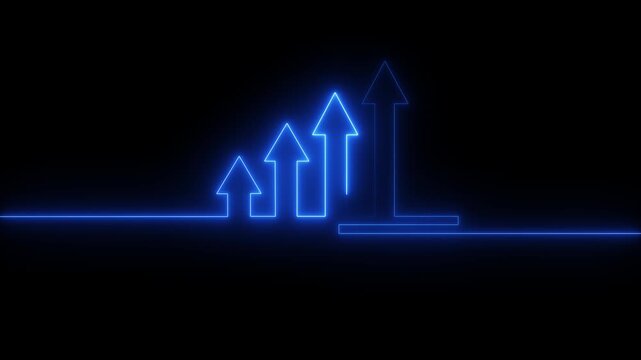 abstract Glowing neon line icon and up arrow isolated on transparent black background. Arrow growth .Neon red arrow growth .
