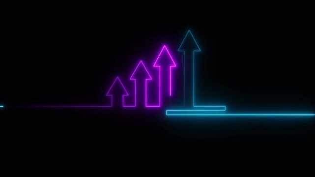 abstract Glowing neon line icon and up arrow isolated on transparent black background. Arrow growth .Neon red arrow growth .