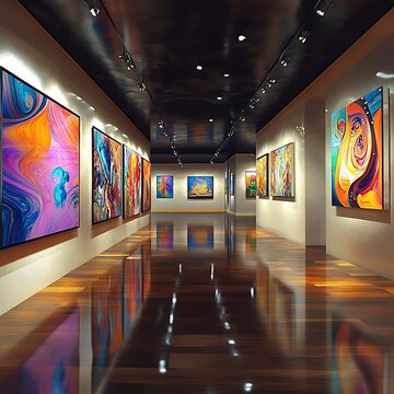 A long modern art gallery hallway showcases numerous colorful abstract paintings under focused track lighting.