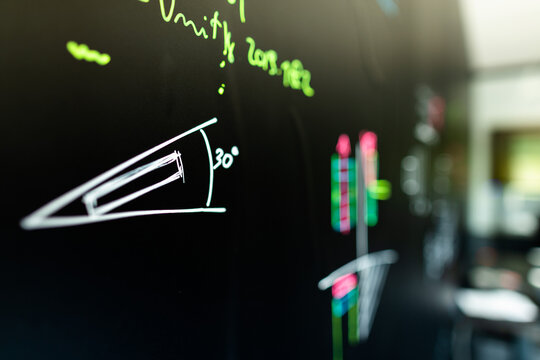 disegni geometrici e scritte varie colorate fatte a mano su una lavagna nera a muro, in un ambiente di lavoro