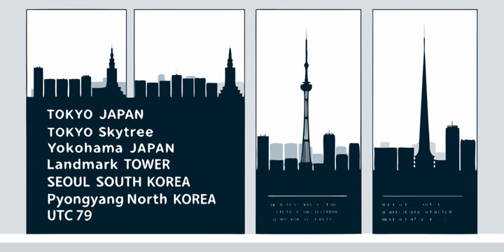 Minimalist skyline artwork featuring Tokyo Seoul and Pyongyang landmarks