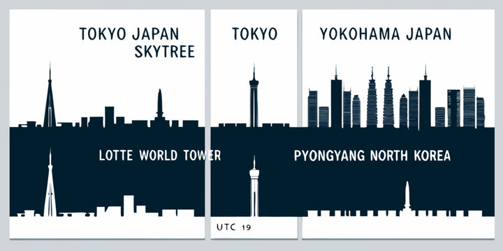 Minimalist skyline art featuring cities of east asia and their landmarks
