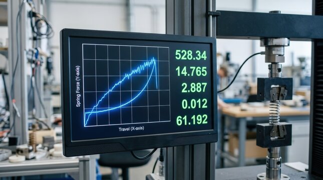 Digital display on a compression testing machine showing realtime spring force versus travel data highlighting precision measurement in a laboratory environment.