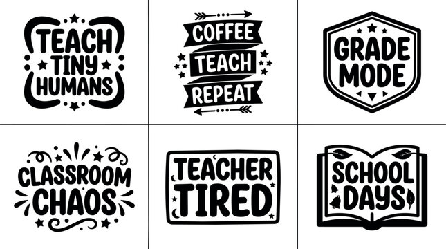 Black and white handwritten teacher phrase collection with stars and swirls