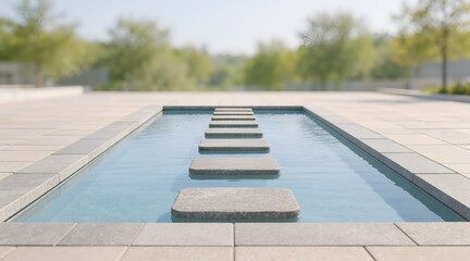 Obraz premium Tranquil water feature with stepping stones in modern garden setting 