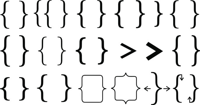 Curly braces symbols collection with arrows, greater signs, decorative ornate styles, typographic punctuation comparison design layout abstract flat vector illustration
