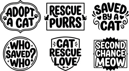 Fototapeta premium Black and white cat rescue sayings with paw prints and cat icons vector art