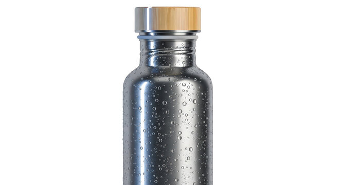 a shiny metal water bottle with a wooden cap
