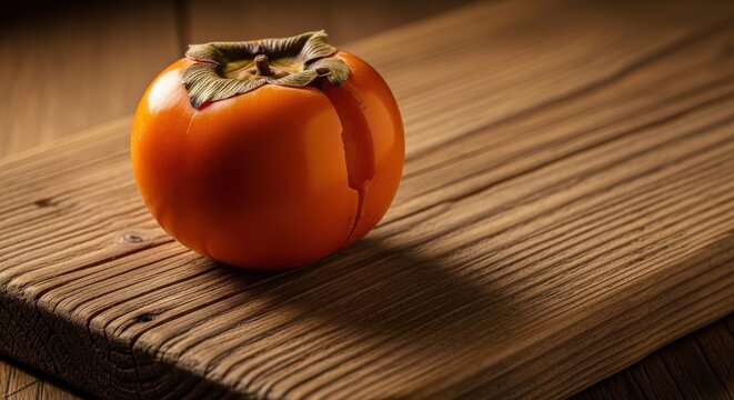 A single ripe persimmon with vibrant orange flesh resting on a textured wooden surface
