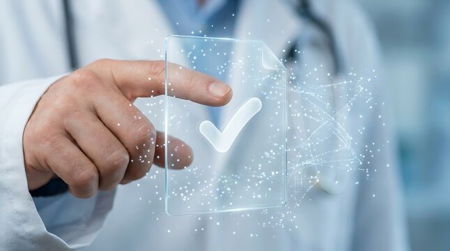 Dokter Memegang Ikon Tanda Centang Digital Pada Layar Kaca Transparan Konsep Teknologi Medis