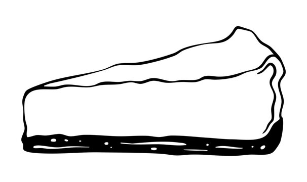 Classic cheesecake slice hand drawn doodle graphic illustration. Engraving drawing of cake. Simple dessert sketch. Sweet pie for menu, stickers, recipe, cafe, bakery, cake shop