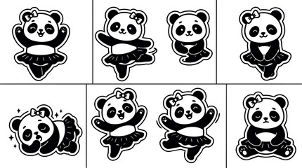 Fototapeta premium Cute kawaii panda wearing bow and tutu in various playful poses black and white vector art