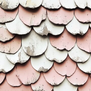 Weathered Pink and White Fish Scale Roof Shingles.