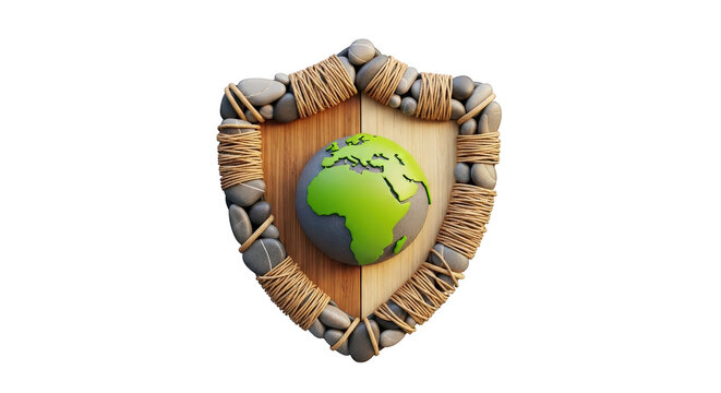 a green and blue globe on a wooden shield