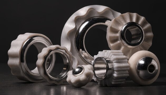 Closeup medium shot of hybrid bushings showing metal core enveloped by durable polymer layers highlighting structural strength and vibration dampening properties.