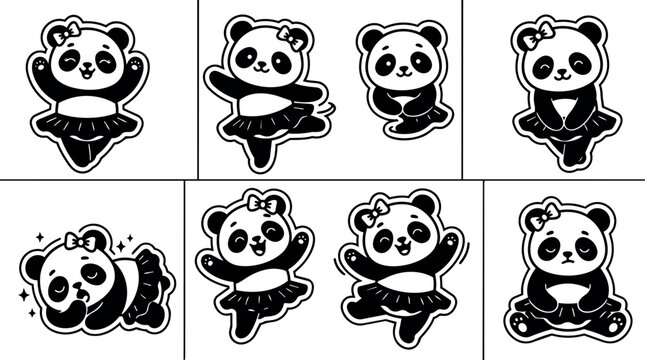 Cute kawaii panda wearing bow and tutu in various playful poses black and white vector art