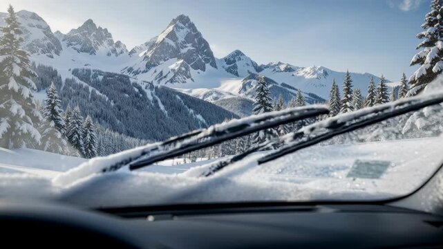 Winter mountain landscape with snow covered trees and peaks viewed through frosted car windshield on a sunny day