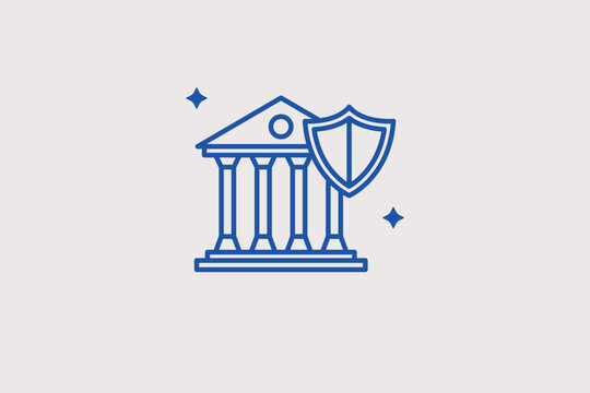 Bank building with a large protective shield for financial institution security. Sturdy Vector Illustration and line icon is perfect for corporate banking and national reserve themes.