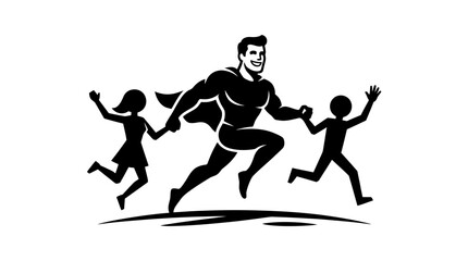 Fototapeta premium Superhero Father Running with Children
