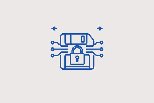 Electronic microchip with a padlock for hardware-level data encryption. Advanced Vector Illustration and line icon is ideal for semiconductor security and computer engineering.