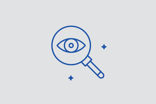 Magnifying glass focusing on a human eye for detailed forensic inspection. Analytical Vector Illustration and line icon is ideal for vision research and biometric analysis.