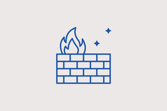 Brick wall on fire representing a robust network firewall system. Powerful Vector Illustration and line icon is ideal for internet security and cyber attack prevention.