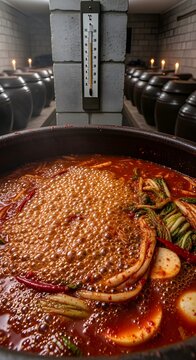 Eye‑level extreme close‑up of open onggi pot with fermenting kimchi &ndash; cool stone gray fermentation cellar background