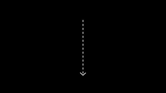 Down arrow direction icon with dotted line animation on Black background. dot arrows icon sign animated with alpha channel.Motion Graphic 4k animation video.