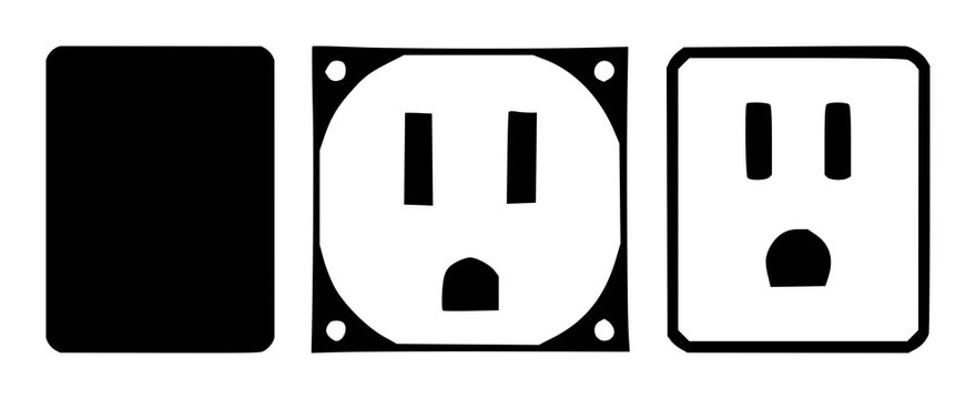 Electrical socket icon set with solid black illustration on white background featuring electrical, outlet, plug with minimalism and lineart