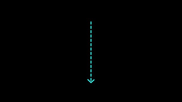 Down arrow direction icon with dotted line animation on Black background. dot arrows icon sign animated with alpha channel.Motion Graphic 4k animation video.