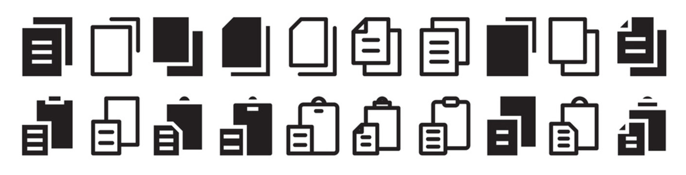 Copy icon in solid and stroke style. A4 sheet with text. copy icon solid style. Clipboard paste document icon different style icon set. Line outline and solid icon version, Vector illustration.