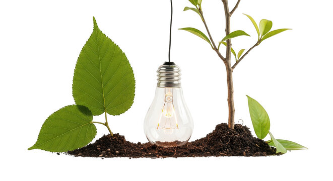 a light bulb next to a small tree and green leaves