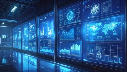 Fototapeta premium Row of transparent digital screens with blue data visualizations, charts, and graphs, futuristic interface symbolizing advanced monitoring and analysis.