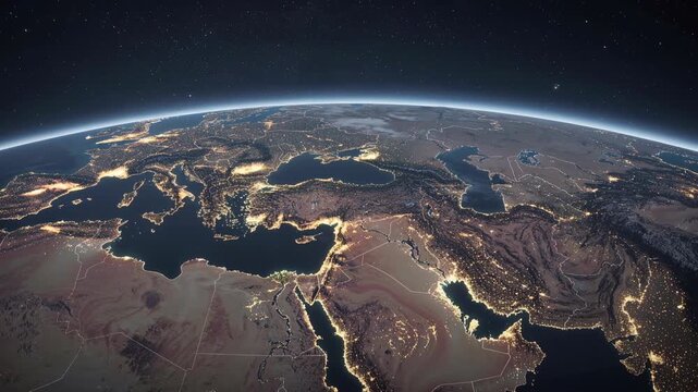 Satellite view of Europe Middle East and North Africa at night showing city lights and geography from space