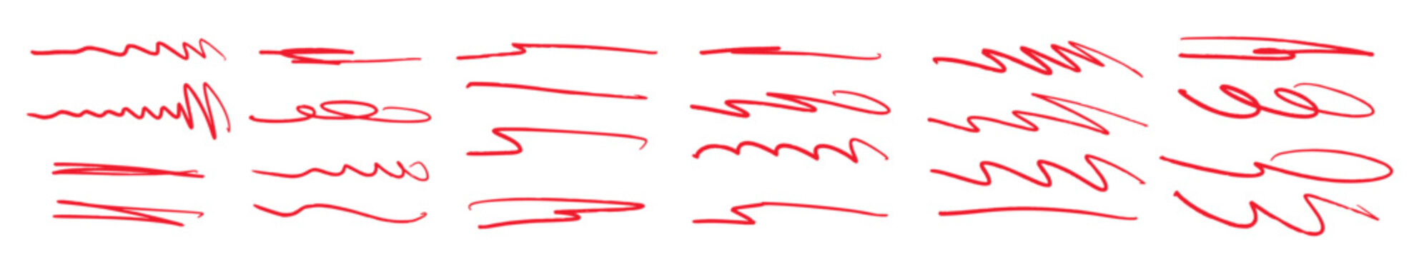 Line red underline brush pencil pen hand drawn stroke marker highlight. Doodle scribble Abstract red brush strokes set, hand drawn underline and scribble texture elements, vector illustration.
