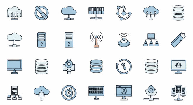 Technology icons representing data storage and networking concepts.